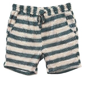 Massive Luxury NYC Green Cream Striped Knit Crochet Shorts Drawstring Pocket M